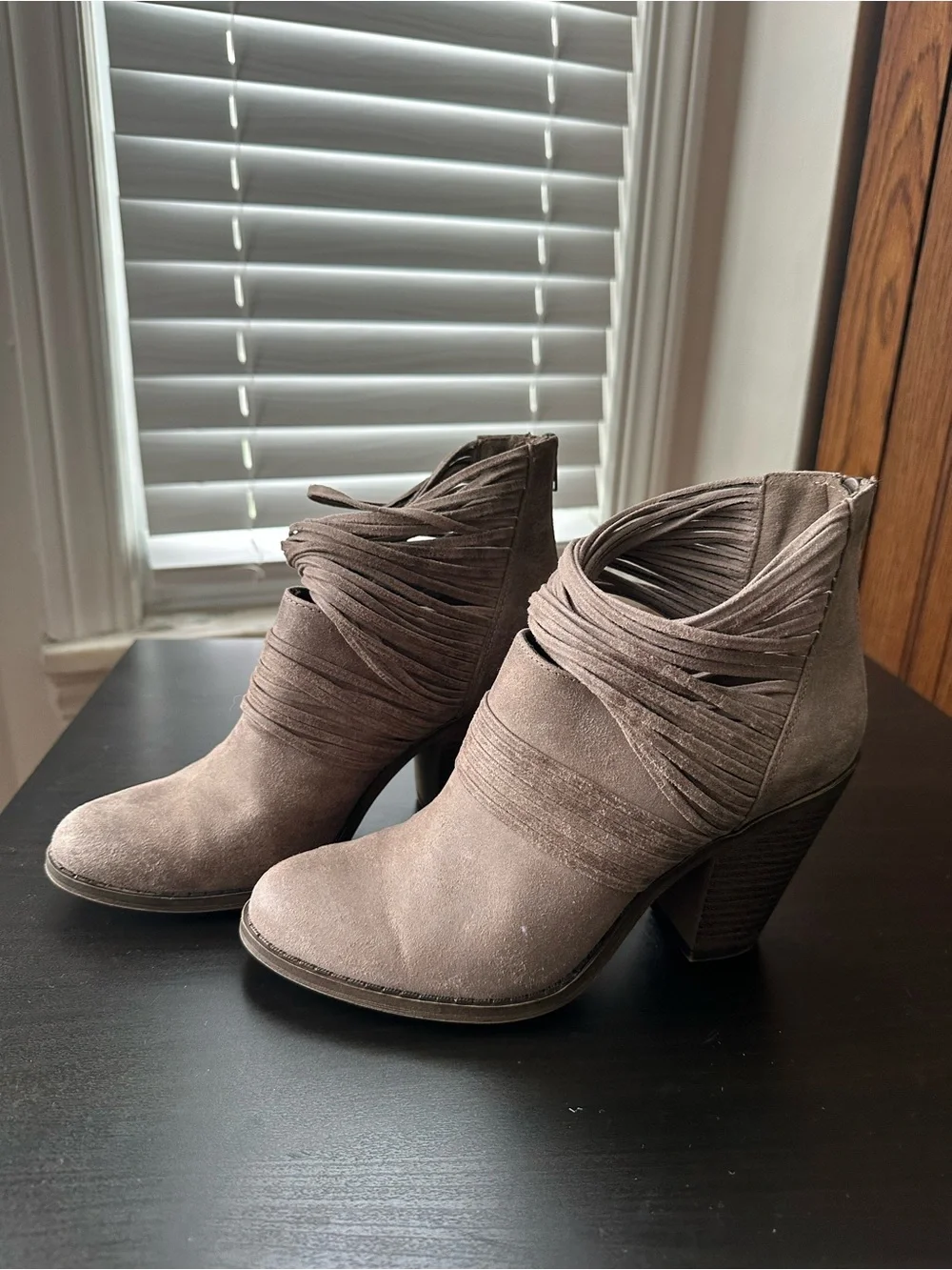 Fergalicious Taupe Suede Fringe Booties size 7.5
